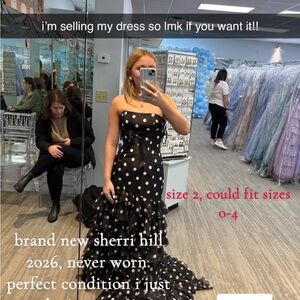 Sherri Hill 2026 Black and White Polka Dot Strapless Ruffle Gown style 57826 NWT
